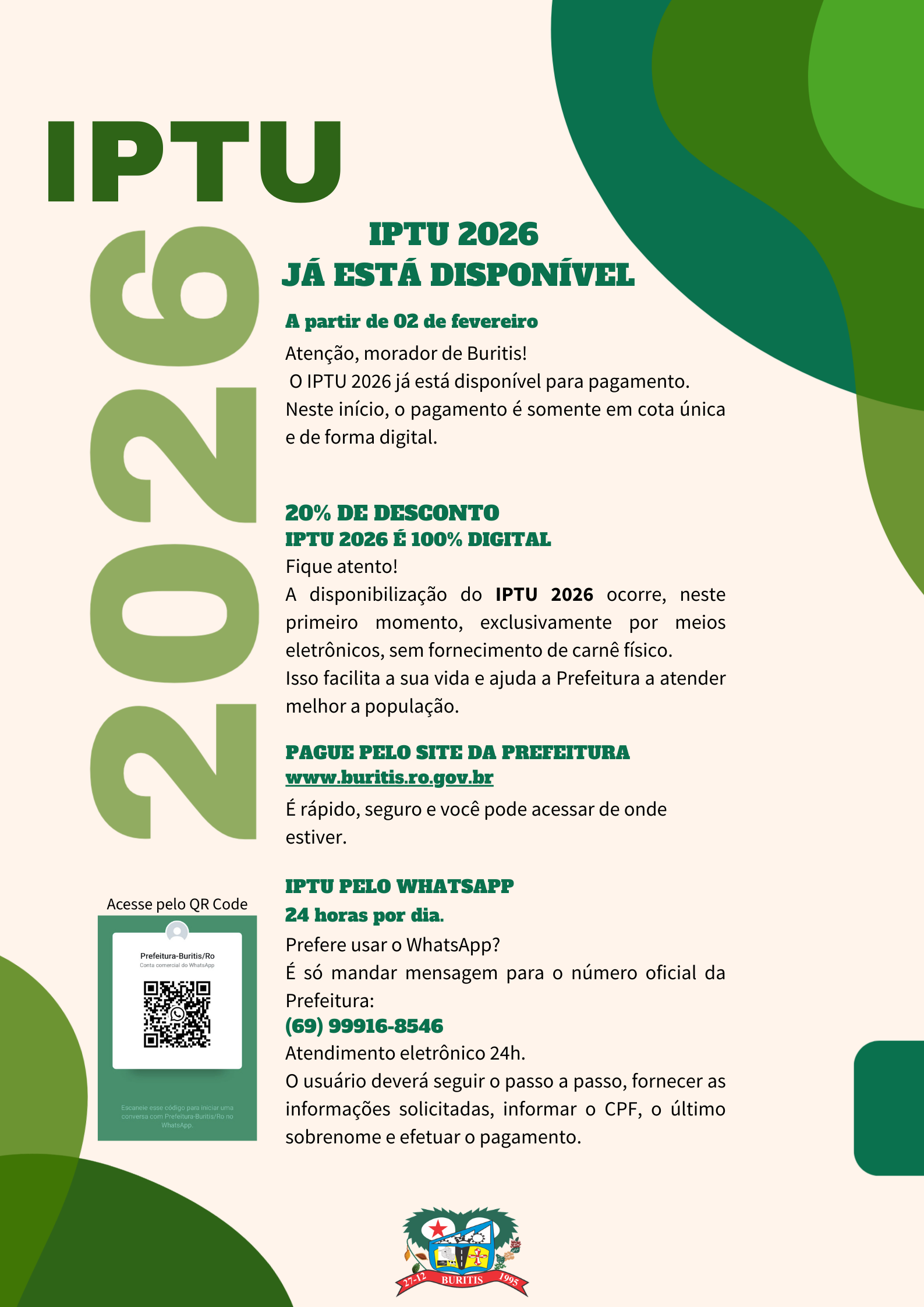 PREFEITURA DE BURITIS DISPONIBILIZA IPTU 2026 COM PAGAMENTO EM COTA ÚNICA COM 20% DE DESCONTO